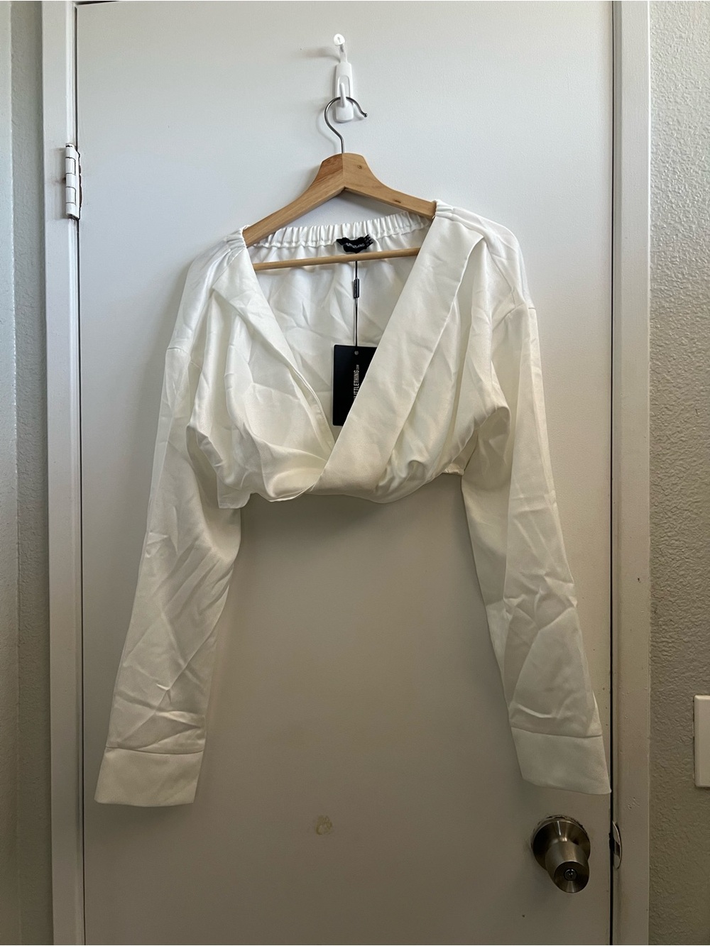 PrettyLittleThing White Cropped Wrap-Front Long Sleeve Top